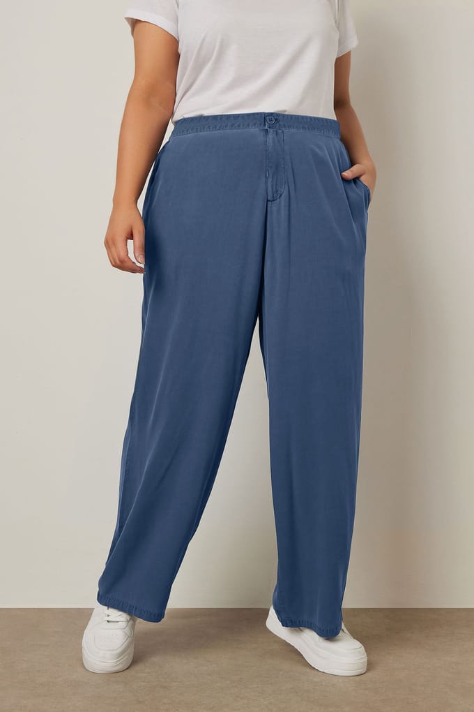 Yours Chambray Broek Met Wijde Pijpen En Elastische Taille In Blauw Size 48