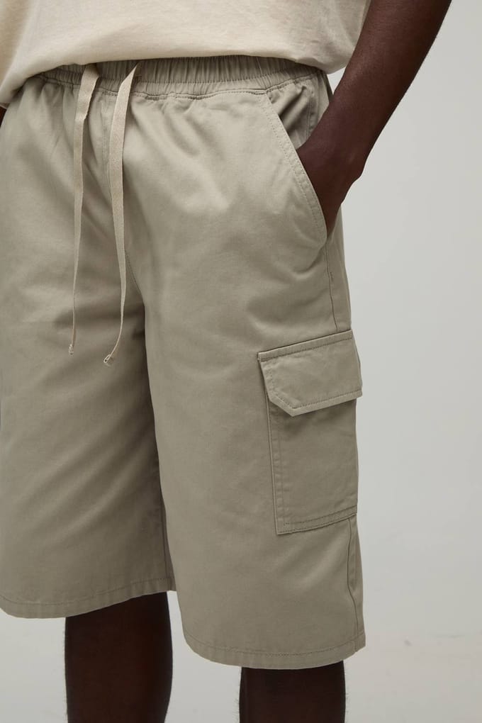 Essential Baggy Fit Elasticated Twill Cargo Shorts | Stone | Size 3XL
