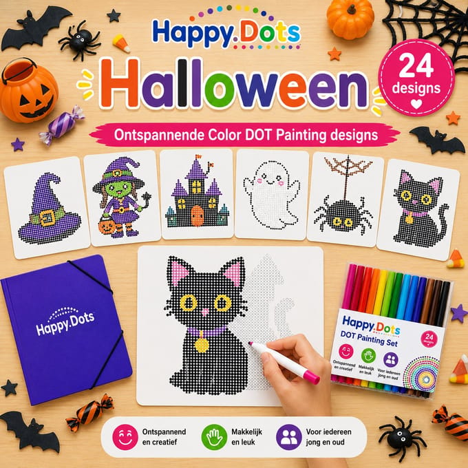 HappyDots Color DOT Painting set Halloween A4 - 24 designs + stiften set + opbergmap