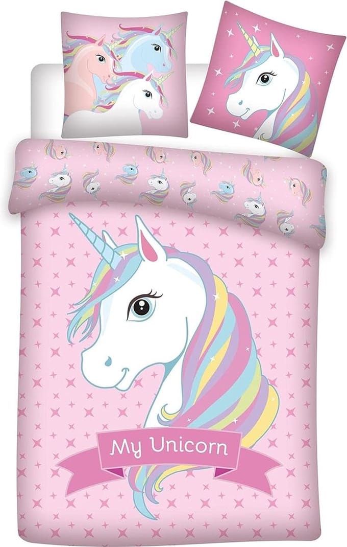 Beddengoed, eenhoorn, roze, dekbedovertrek 140 x 200 cm + kussensloop 65 x 65 cm, 100% polyester