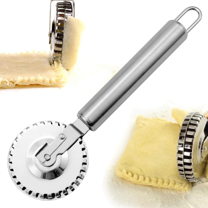 Roestvrijstalen Deegroller Randafdichting Embossing Mes, Taartvulling Dumpling Fancy Dubbelzijdig Rollend Kantensnijmes zilver