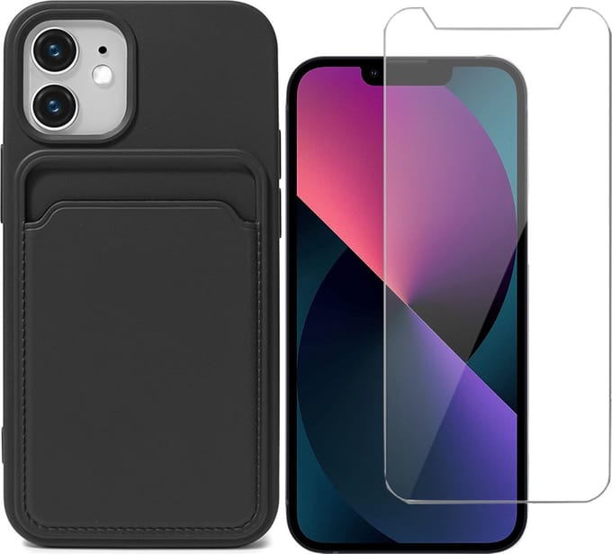 Hoesje geschikt voor iPhone 12 Mini Pasjeshouder Zwart - Siliconen Case Back Cover + Screenprotector Glas