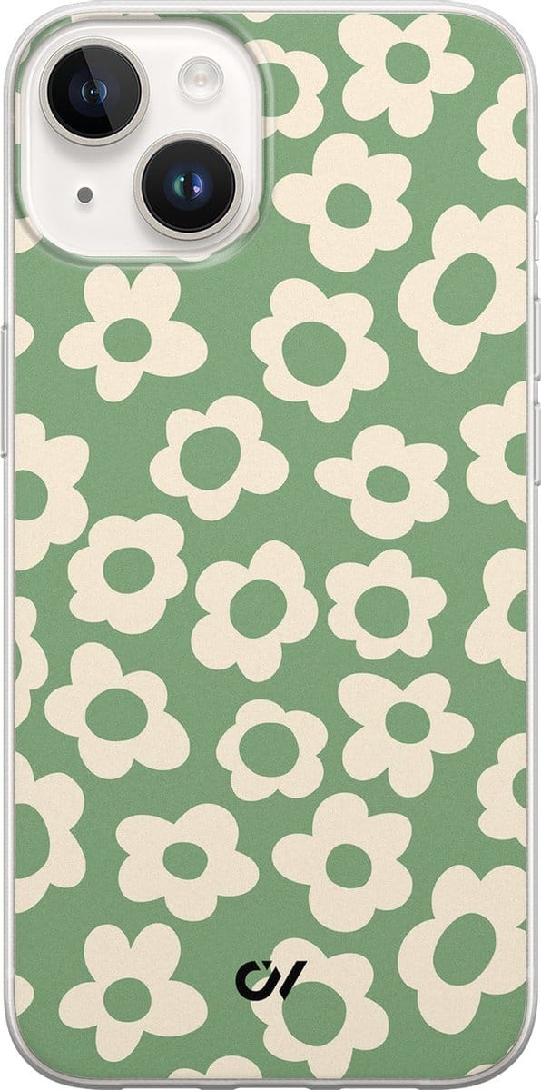 Hoesje geschikt voor Apple iPhone 14 - Retro Cute Flowers - - Groen - Apple - Casevibes