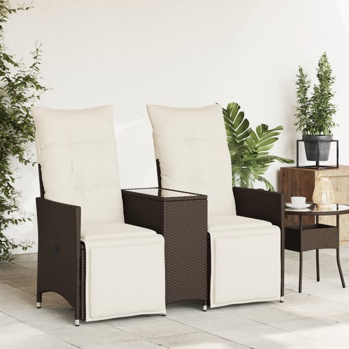 vidaXL - Tuinbank - 2-zits - verstelbaar - met - tafel - poly - rattan - bruin
