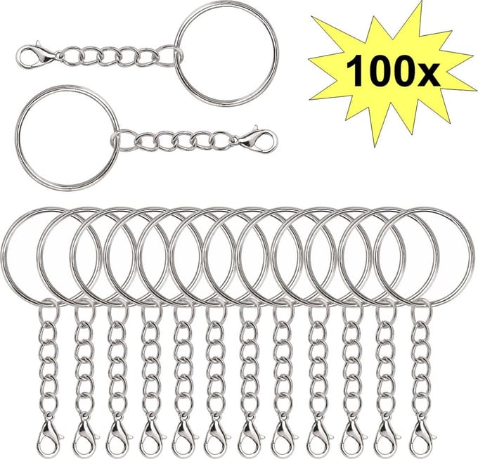 Fako Bijoux - Sleutelringen Met Karabijnsluiting - Sleutelhanger Ringen - Splitringen Met Ketting - 25 mm - 100 Stuks