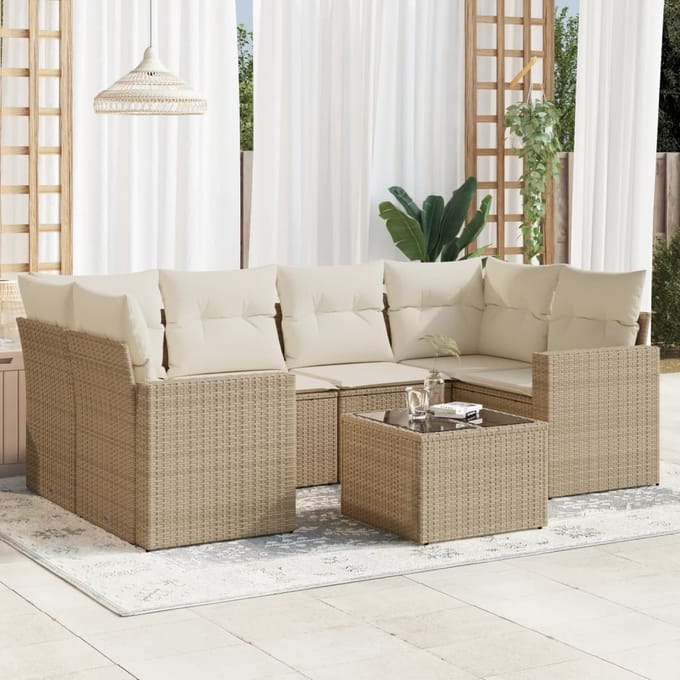 vidaXL - 7-delige - Loungeset - met - kussens - poly - rattan - beige