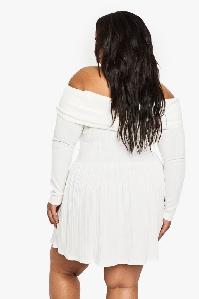 boohoo Dames Plus Cotton Rib Bardot Skater Jurk | Cream | Maat: 26