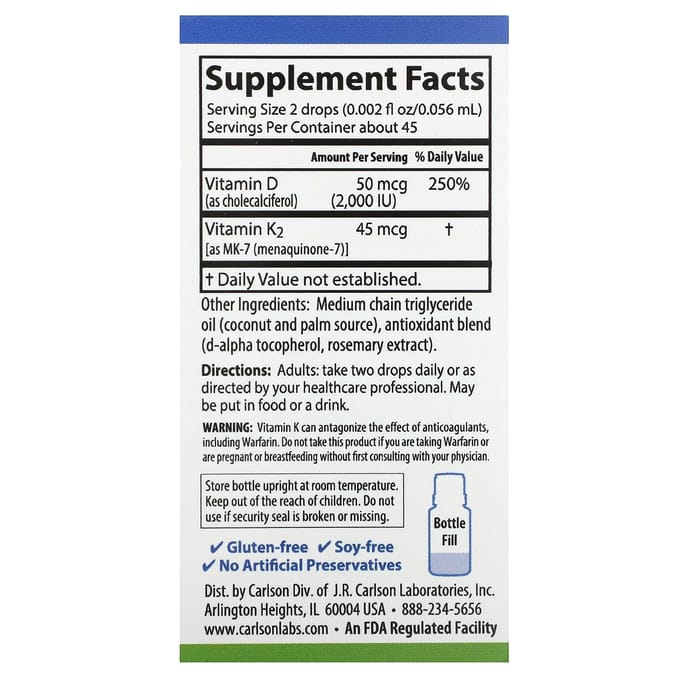 Super Daily® D3 + K2, 50Mcg (2.000 IE) & 45Mcg, 2,54Ml (0,086 vloeistofounce)