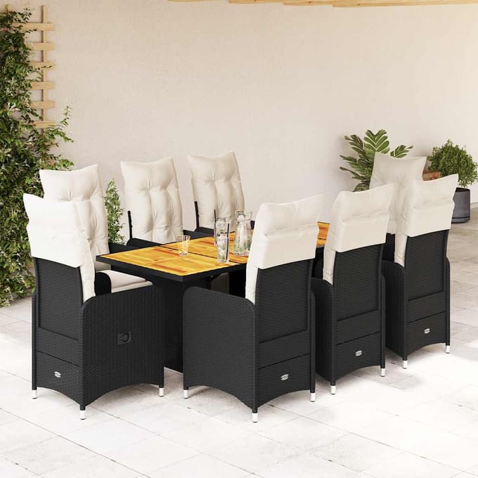 vidaXL - 9-delige - Bistroset - met - kussens - poly - rattan - zwart