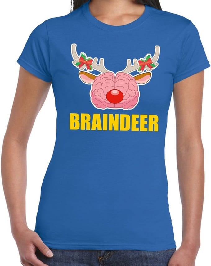 Foute Kerst t-shirt braindeer blauw voor dames M