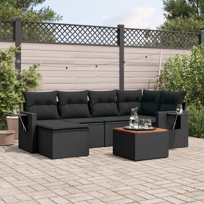 vidaXL - 7-delige - Loungeset - met - kussens - poly - rattan - zwart