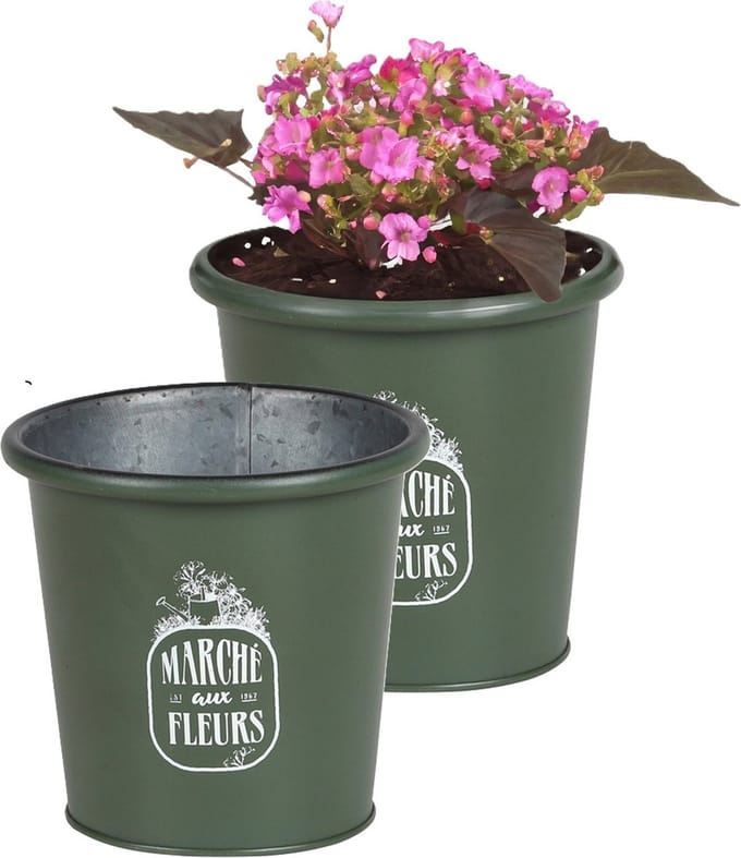 Sunnydays /plantenpot/bloempot - 2x - zink - legergroen - D14 x H13 cm