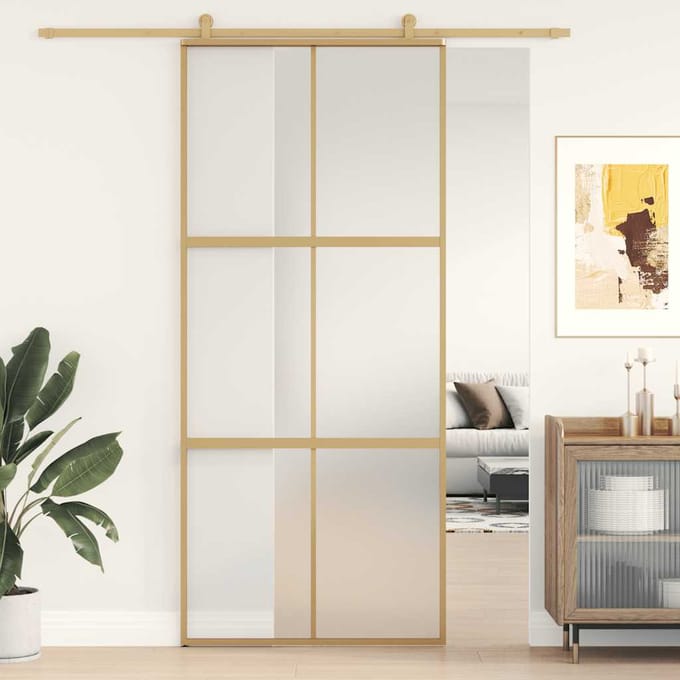 vidaXL - Schuifdeur - 90x205 - cm - mat - ESG-glas - en - aluminium - goudkleurig
