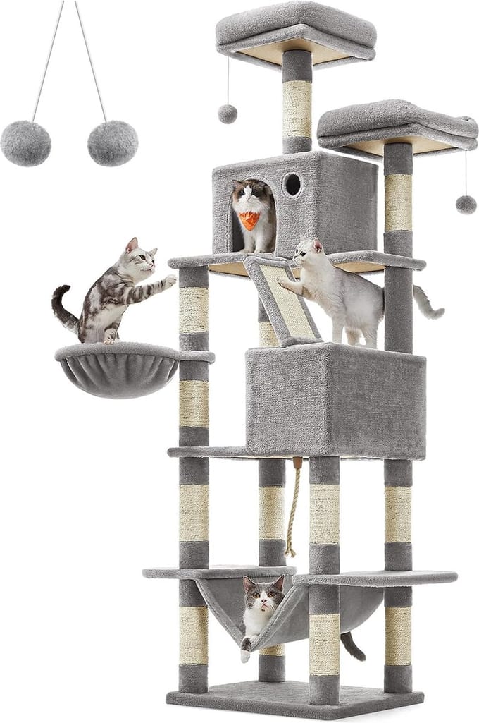Krabpaal 206 cm - Kattenboom - 2 platforms - 2 kattenholletjes - Hangmat en mand - Lichtgrijs