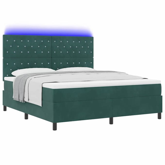 vidaXL - LED - Box - Spring - Bed - met - matras - Donkergroen - 180 - x - 200 - cm - Fluweel