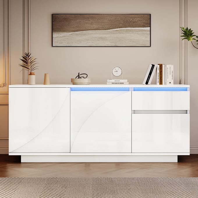 Sweiko Dressoir - LED-verlichting - Met lades - Verstelbare planken - Hoogglans - Woonkamerkast - Wit