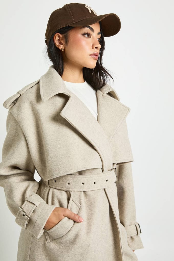 boohoo Dames Oversized Getailleerde Wol Look Trenchcoat | Stone | Maat: 16