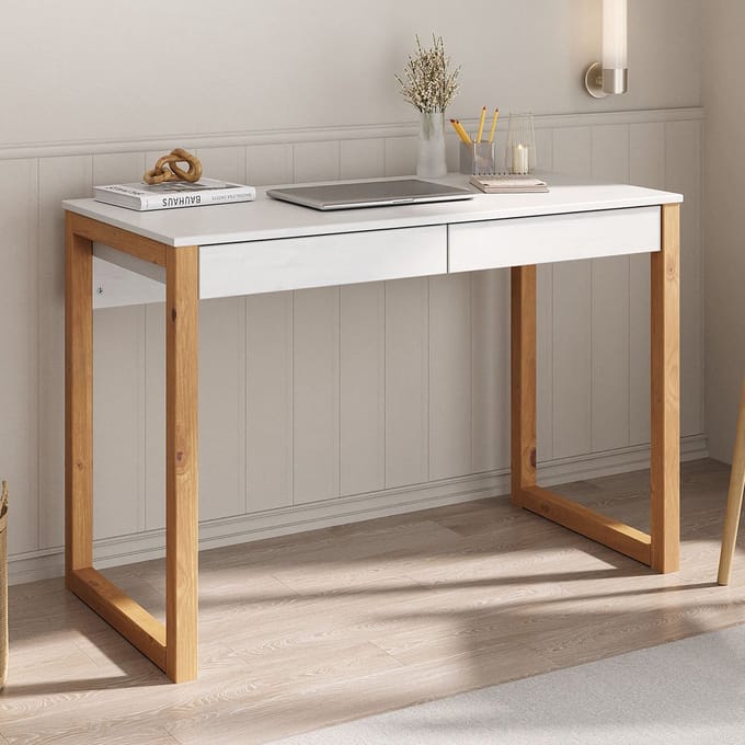 Bureau NOAH met 2 lades van massief hout – wit/eiken