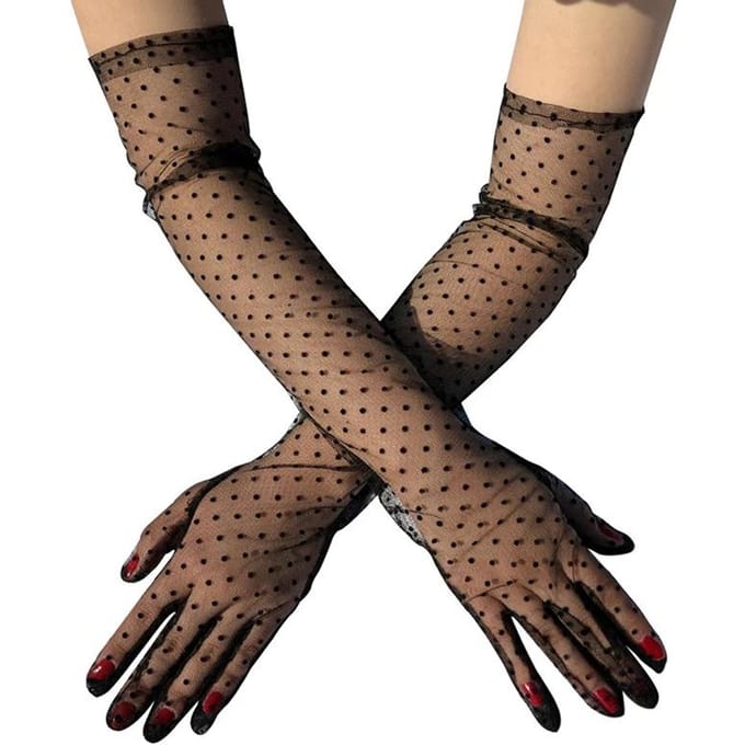 1-4 Paar Mode Dames Zwart Wit Stippen Kant Lange Tule Handschoenen Bruid Bruiloft Elastisch Volledige Vinger Transparant Dunne Dame Mesh Handschoen black