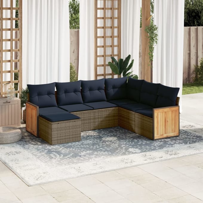 vidaXL - 7-delige - tuinbankset - met - kussens, - grijs - polyrotan