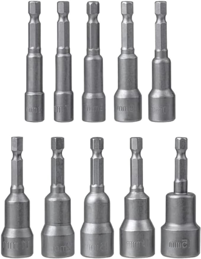 Set van 10 Magnetische Hexagon Socket Nut Setter Drivers van 6-15mm met 1/4" Hex Shank voor Precisieboren en Klussen