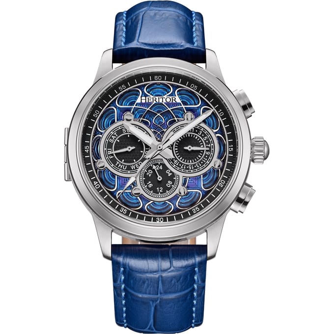 Heritor Automatic Apostle horloge met leren band en dag-/datumfunctie - zilver/blauw