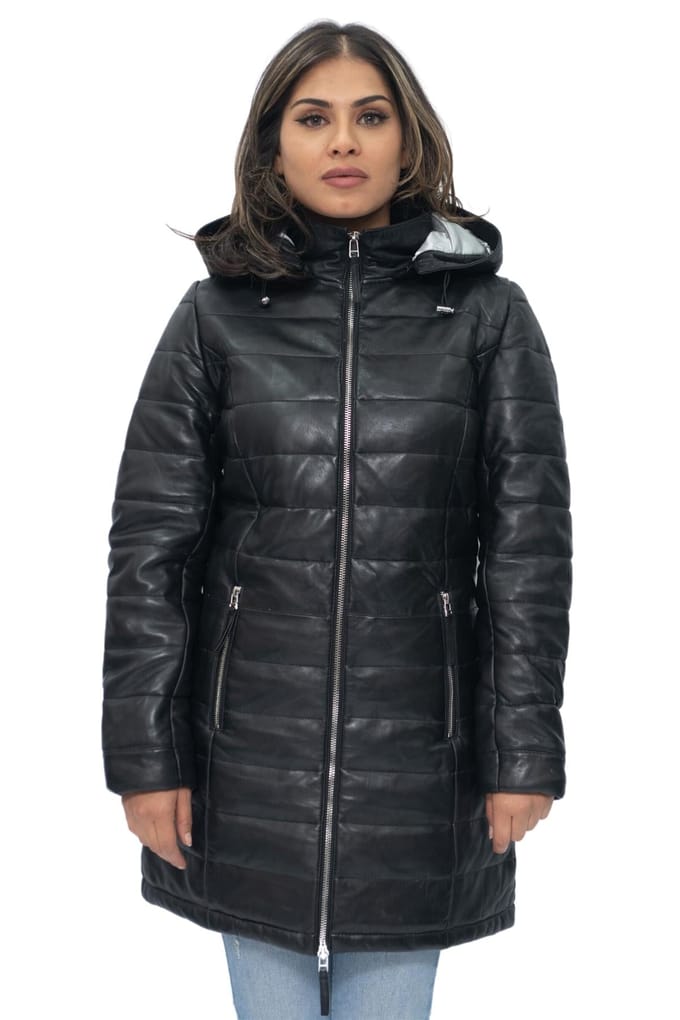 Dames lederen puffer parka jas-Andria
