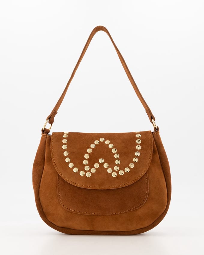 Tas- cognac- suede- met studs - trendy- hand en crossbody