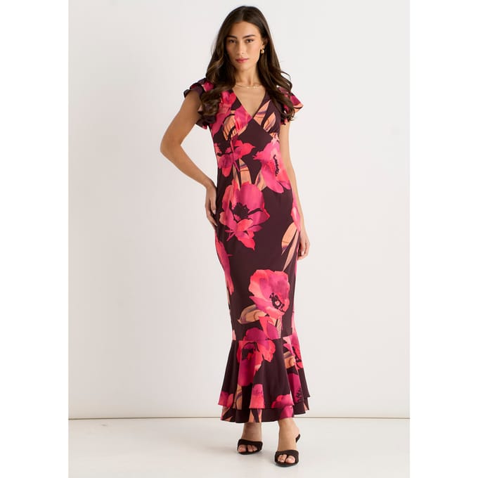 Bruine maxi-jurk met bloemenprint en gerimpelde mouwen