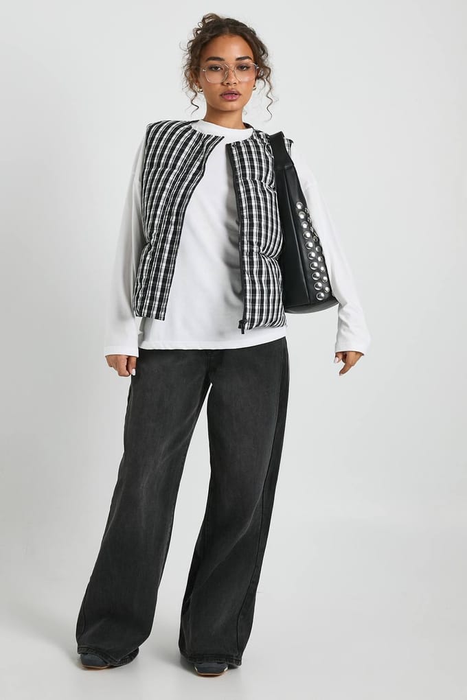 boohoo Dames Gingham Puffer Gilet | Black | Maat: 14