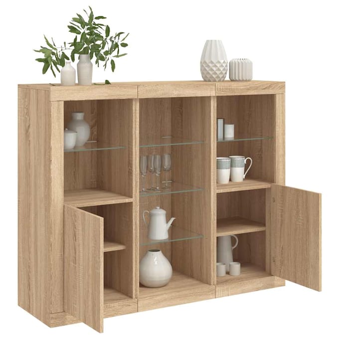 vidaXL - Dressoirs - met - LED-verlichting - 3 - st - bewerkt - hout - sonoma - eiken