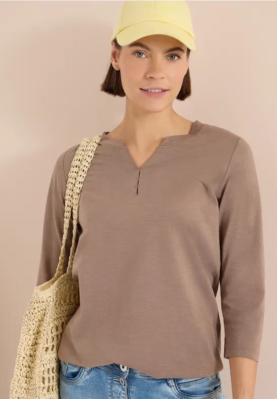 Shirt met 3/4-mouwen, split in de hals en elastische zoom