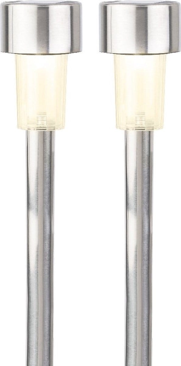 Lumineo buiten prikspot/steker solar - 2x - LED - zilver - H36 cm - warm wit