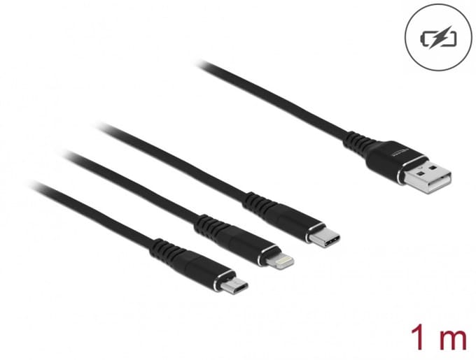 Delock USB Charging Cable 3 in 1 Type-A to Lightning™ / Micro USB / USB Type-C™ 1 m black