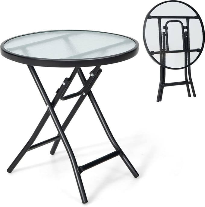 Ronde Klaptafel Buiten met Gehard Glas - Draagbare Terrastafel Zwart