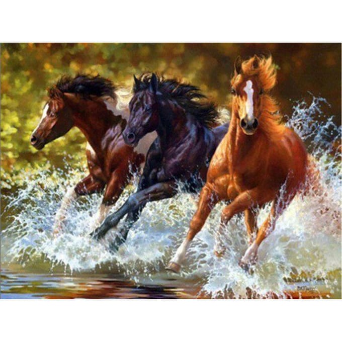 Peinture diamant 5D cheval en course, broderie complète, point de croix, perceuse ronde 20X30CM black