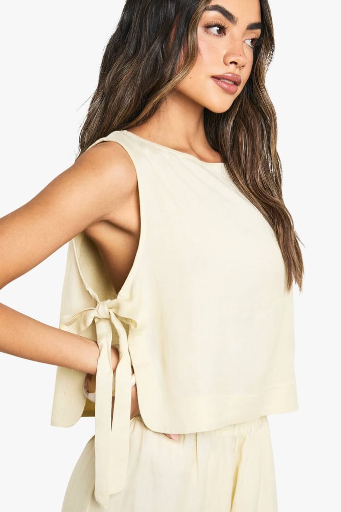 boohoo Dames Tie Side Linnen Top & Wijde Pantalon Co-ord | Steen | Maat: 38