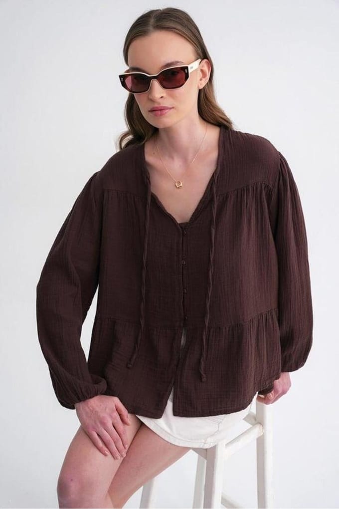 Lange Mouwen Losse Blouse met Strikhals