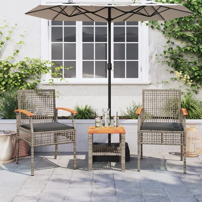 vidaXL - 3-delige - Bistroset - met - kussens - poly - rattan - en - acaciahout - grijs