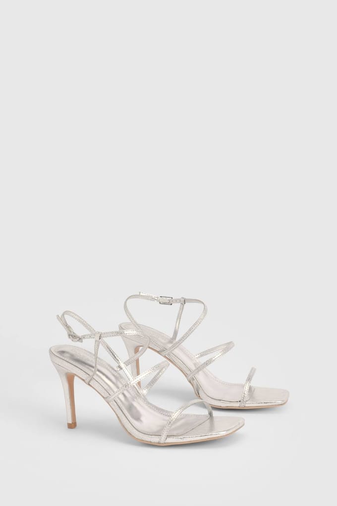 boohoo Dames Brede Pasvorm Mid Stiletto Barely There 2-delige Hakken | Zilver | Maat: 37