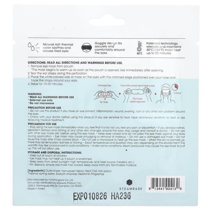 Steambase, steam eye mask, herb chamomile, 1 mask white