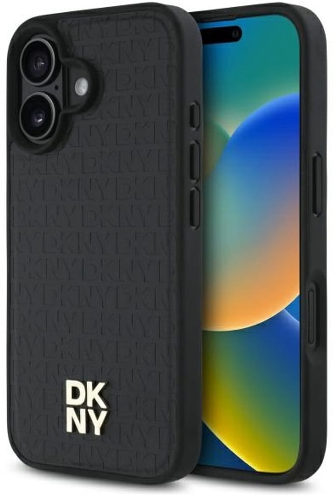 DKNY – Backcover iPhone 16 – PU Leather Repeat Pattern Stack Logo – MagSafe – Zwart