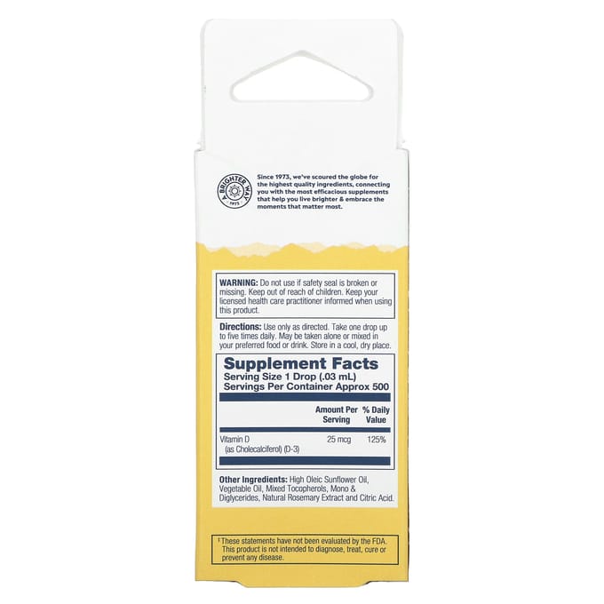 Vitamine D-3 in zonnebloemolie, natuurlijk en ongezoet, 25 mcg, 14,8 ml(0,5 fl oz)