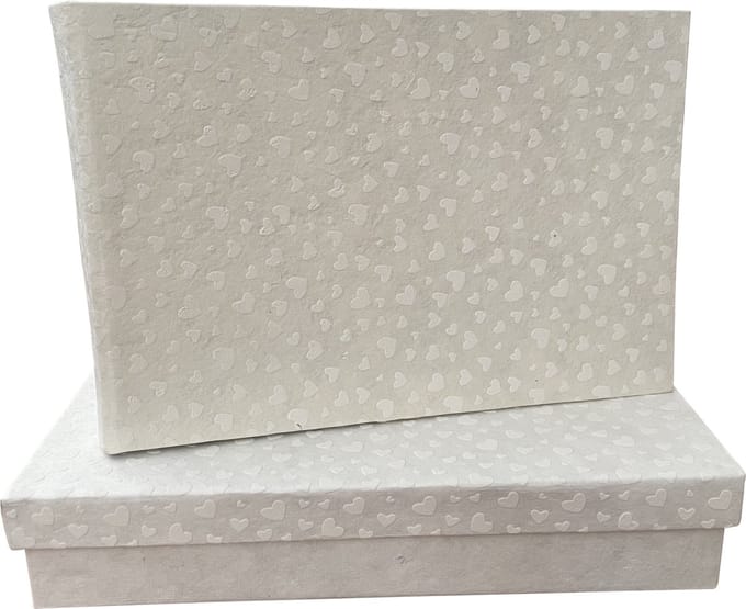 Album in mooie bewaardoos, met een witte hartjes print, 16x24cm