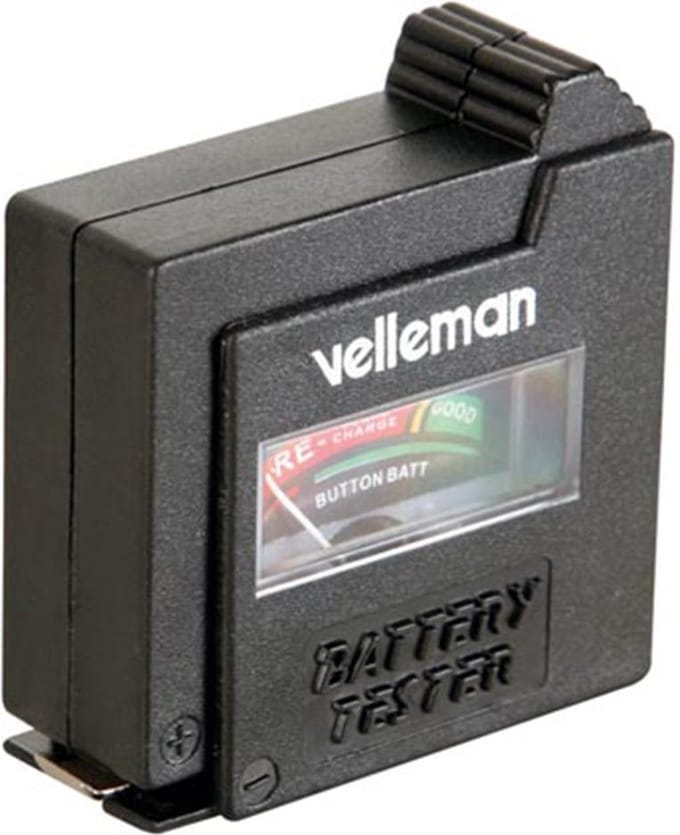 Velleman Batterijtester, analoog, voor standaardbatterijen (AAA, AA, C, D, E-blok 9 V) en knoopcellen, compact, draagbaar