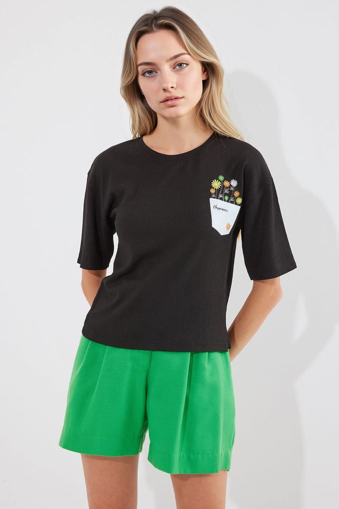 Geborduurd Shirt met Ronde Hals en Bedrukking