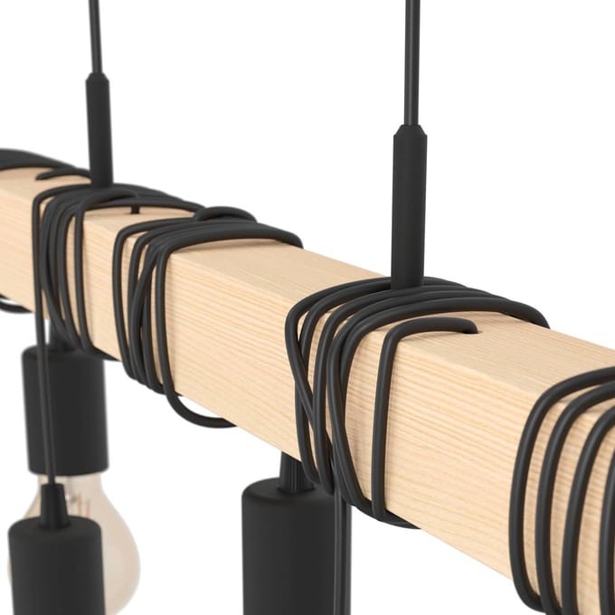 EGLO Townshend hanglamp, lengte 150 cm, zwart/hout, 9-lamps.