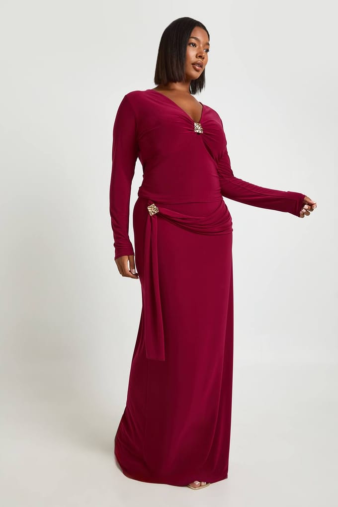 boohoo Dames Plus Size Maxi Rok Met Draperie Detail | Wijn | Maat: 48