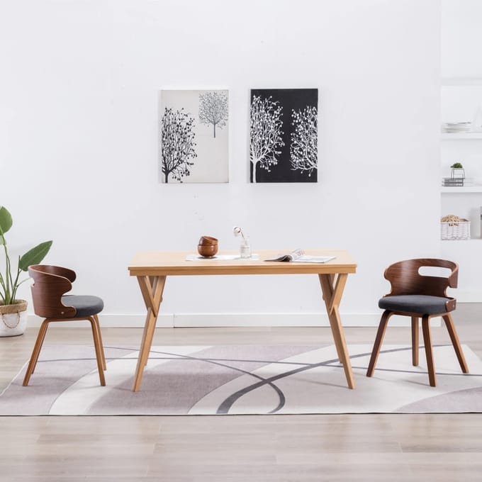 vidaXL - Eetkamerstoelen - 2 - st - gebogen - hout - en - stof - donkergrijs