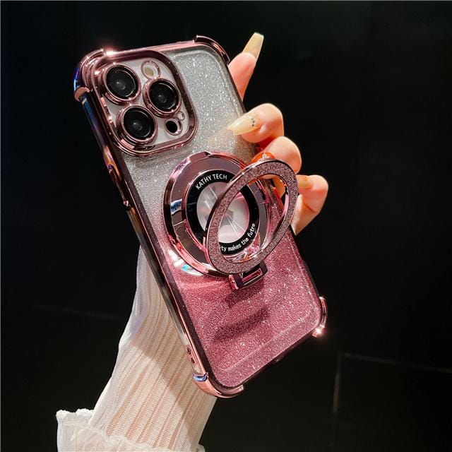 Voor iPhone 15 Pro Max Luxe Magsafe Magnetische Flash Plating Stand Telefoonhoesje Voor iPhone 11 12 13 14 16Plus Lens Beschermhoes For 16 Pro Max brown